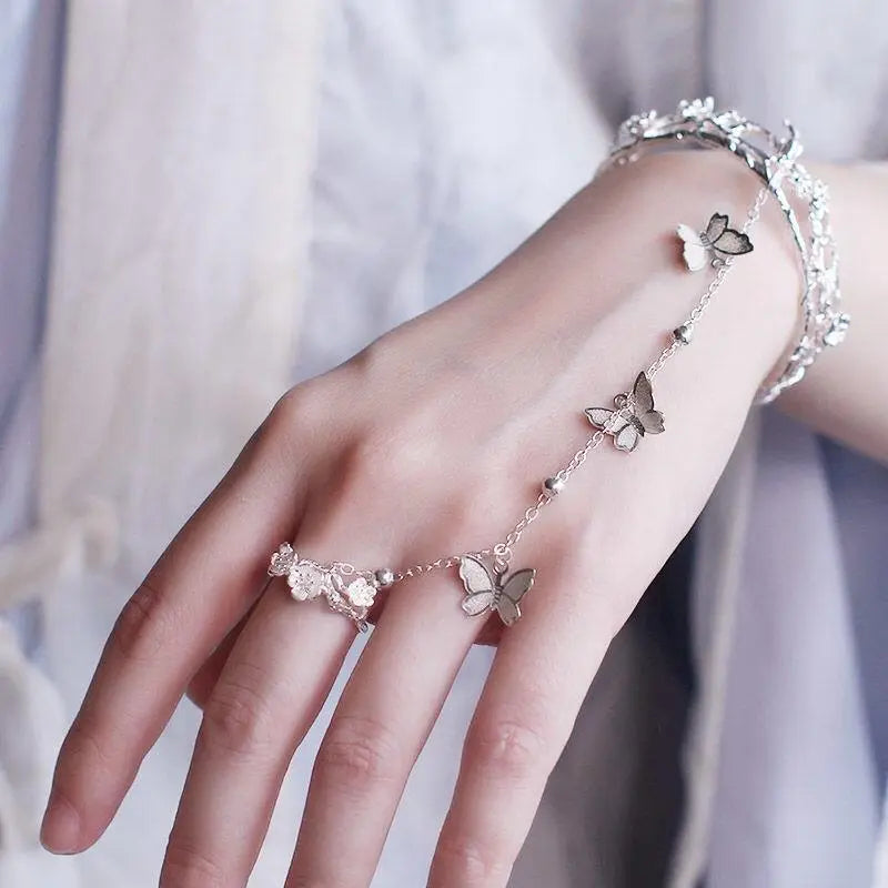 Bracelet et bague papillon en argent à la mode pour femmes