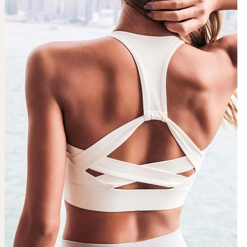 White Strap Push Up Sports Bra: Women's Gym Yoga Athletic Vest Underwear