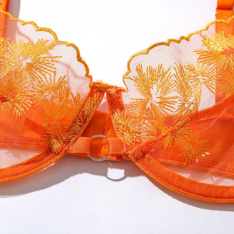Ellolace Orange Lace Embroidery Lingerie Set - Sexy Transparent 3-Piece Mesh Bra and Shortst