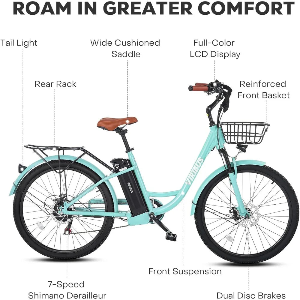 Electric Bike for Adults Women,500W 48V 13AH with Basket & Front Suspension,25mph Aluminum 7 Speed, Adult Electric Bicycle