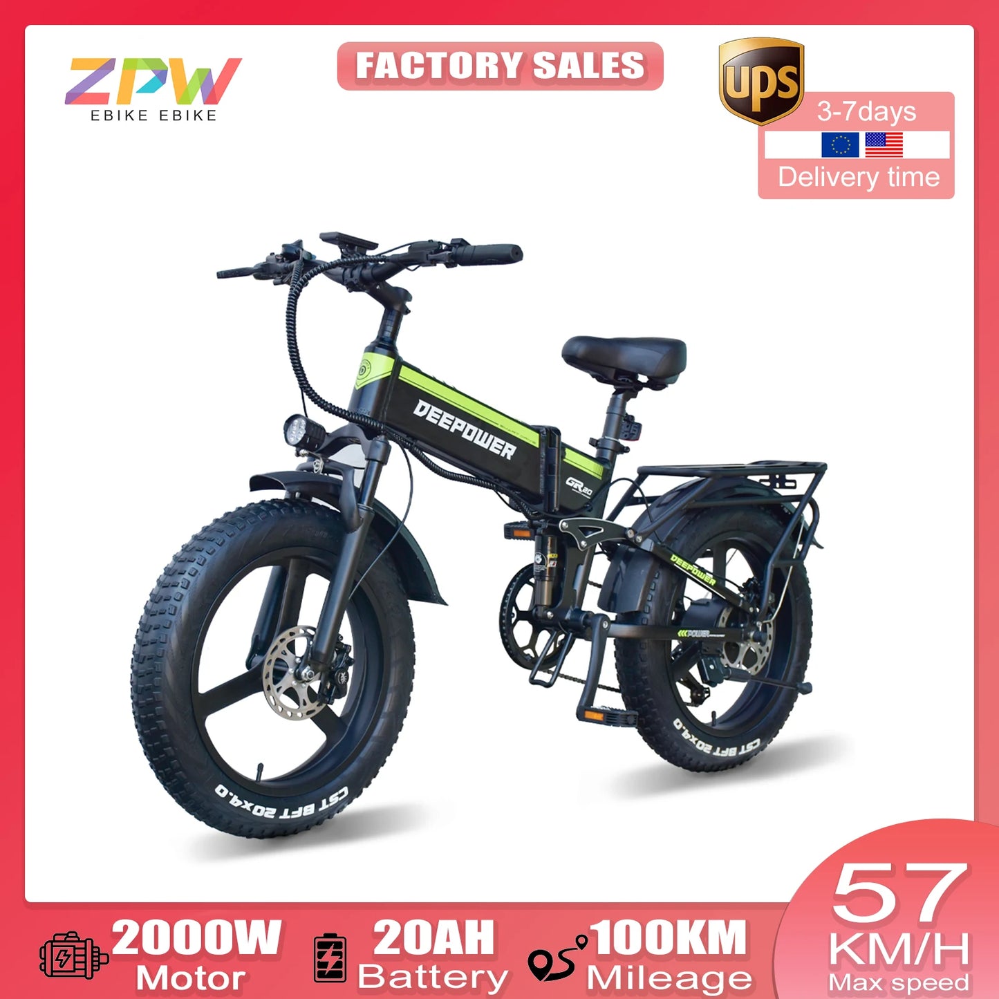 Introducing the ZPW H20pro Adults EBike: a powerful and versatile electric bike designed for all terrains. Equipped with a 2000W motor and a 48V 25AH battery