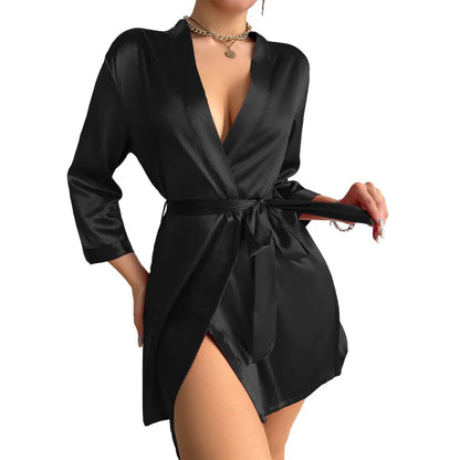 Robe de chambre courte en satin à col en V pour femme