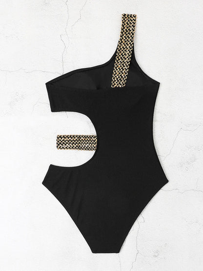 Metal Chain One Piece Shoulder Swimsuit