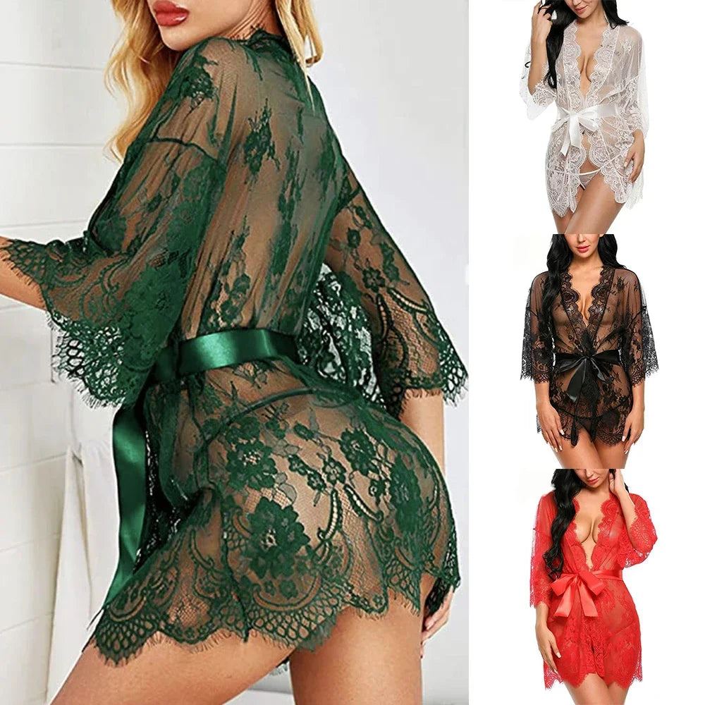 Sexy Lace Robe Dress + G String Erotic Pajamas For Women's