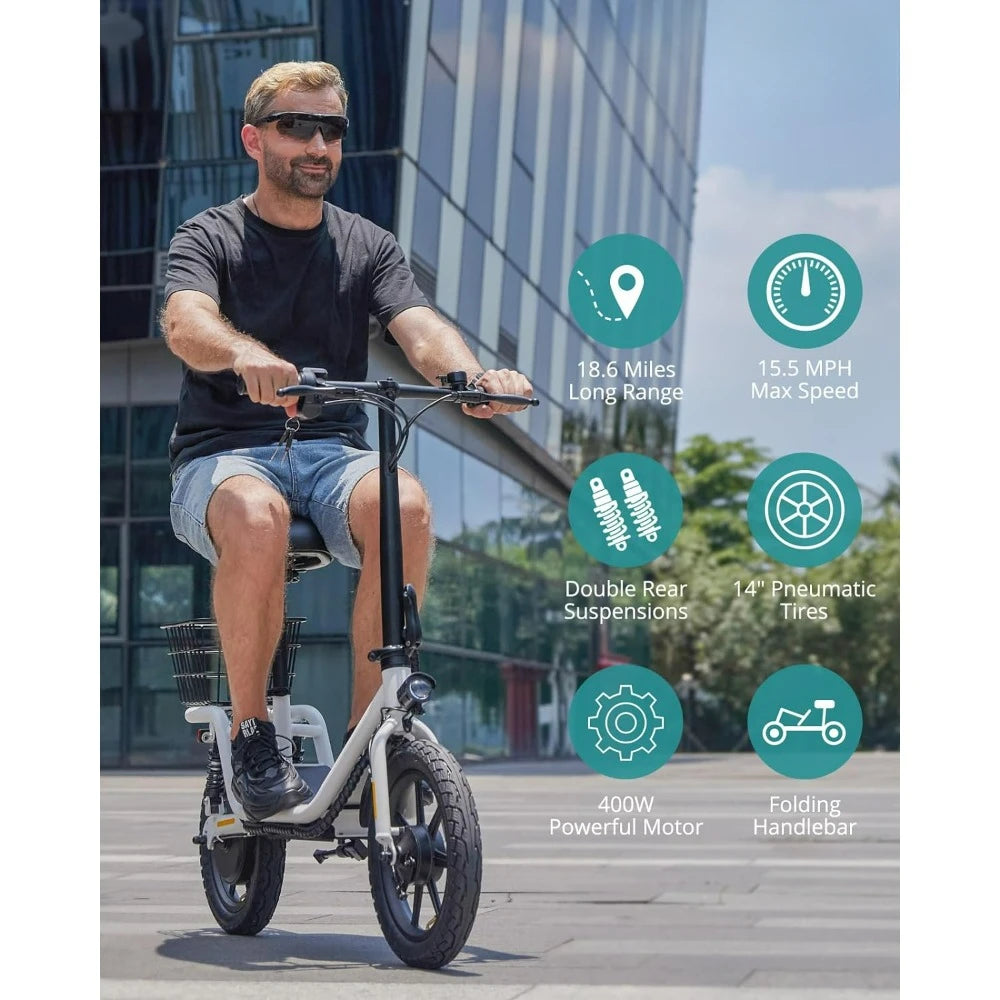 Electric Scooter with Seat for Adult, 18.6Miles Range & 15.5Mph Power by 400W Motor, 14" Pneumatic Tire&Height Adjustable Seat