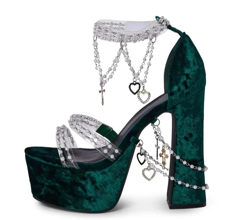 Tacones altos de gamuza verde de moda para mujer