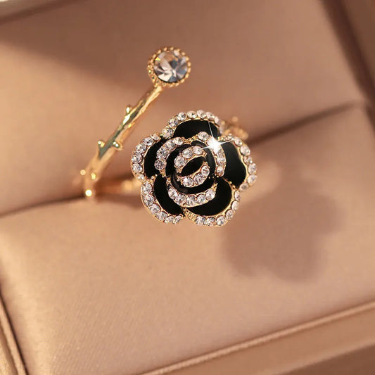 Steel Crystal Rose Flower Ring For Women's