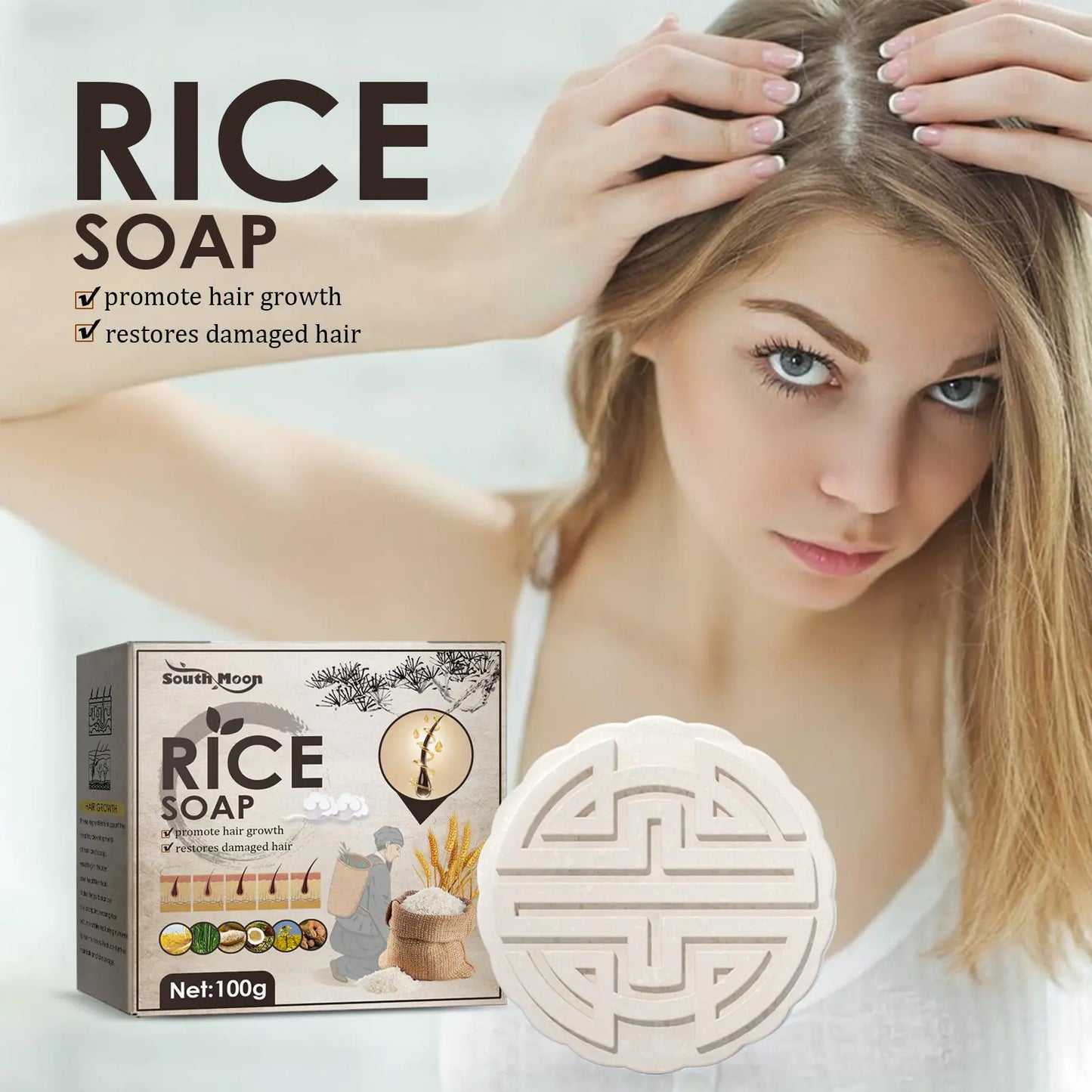 HEALLOR  Natural Rice Shampoo Soap Anti Loss Stops Hair Loss Bar For Hair Soap For Split Dry Damaged Promotes Hair Growth