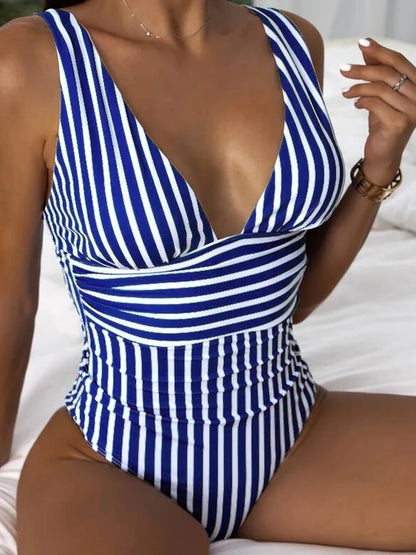 Striped V-neck One Piece Swimsuit