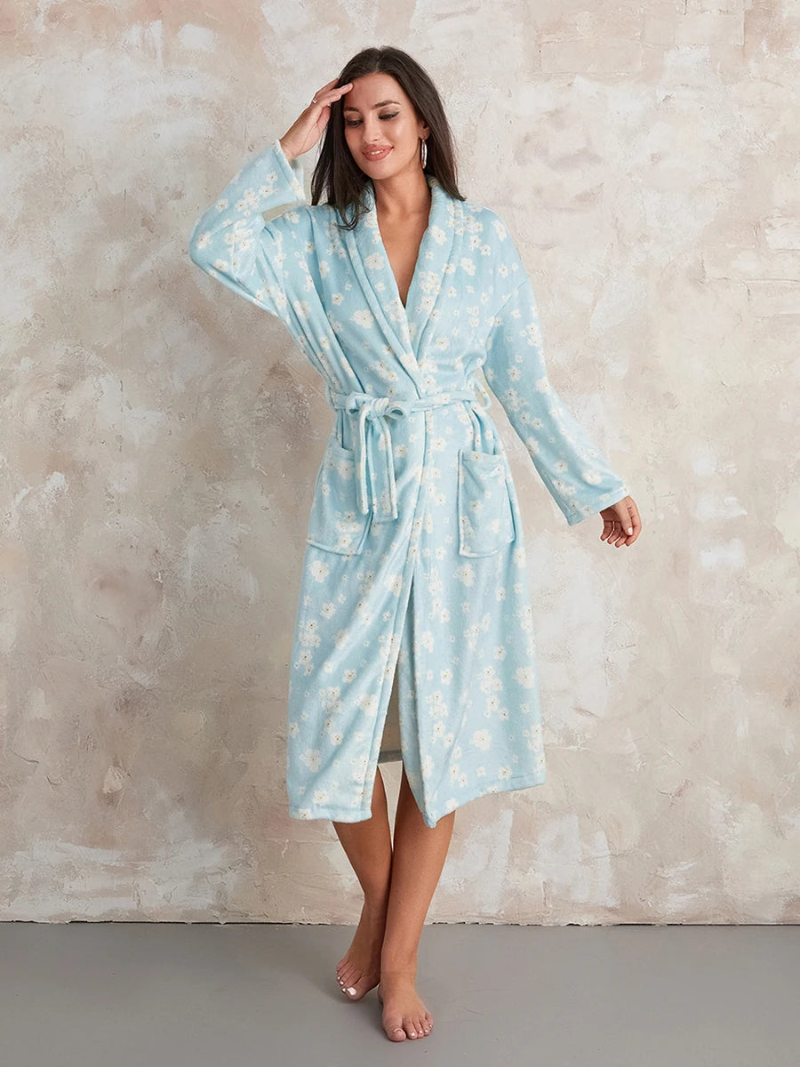 Robe chaude en flanelle, vêtements de nuit pour la maison, imprimé, manches longues, Kimono, avec ceinture, vêtements de détente, pyjama pour femmes, hiver