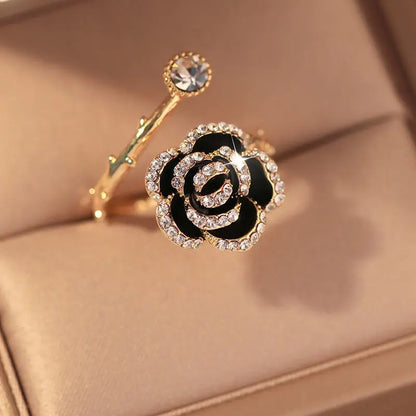 Anillo de acero con flor de rosa y cristal para mujer