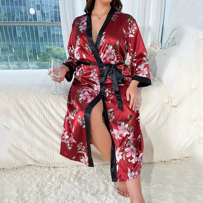 Pyjama grande taille pour femmes, à la mode, décontracté, ample, imprimé, Long, Imitation soie, Sexy