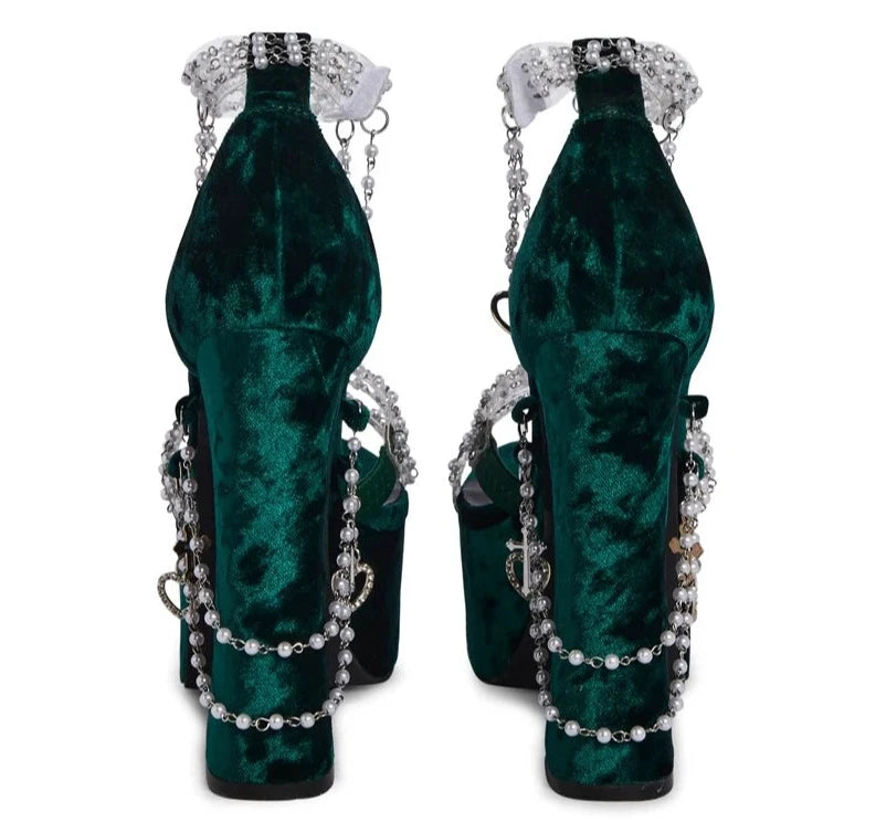 Tacones altos de gamuza verde de moda para mujer