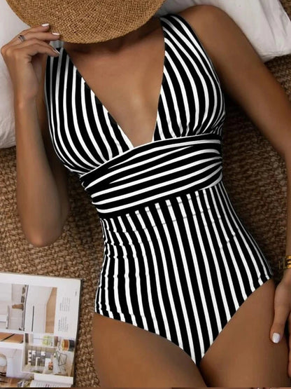 Striped V-neck One Piece Swimsuit