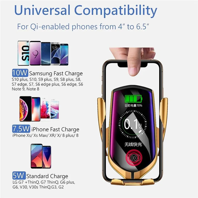 10W Automatic Clamping Car Wireless Charger Stand for iPhone, Huawei, LG