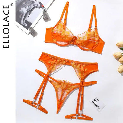 Ellolace Orange Lace Embroidery Lingerie Set - Sexy Transparent 3-Piece Mesh Bra and Shortst